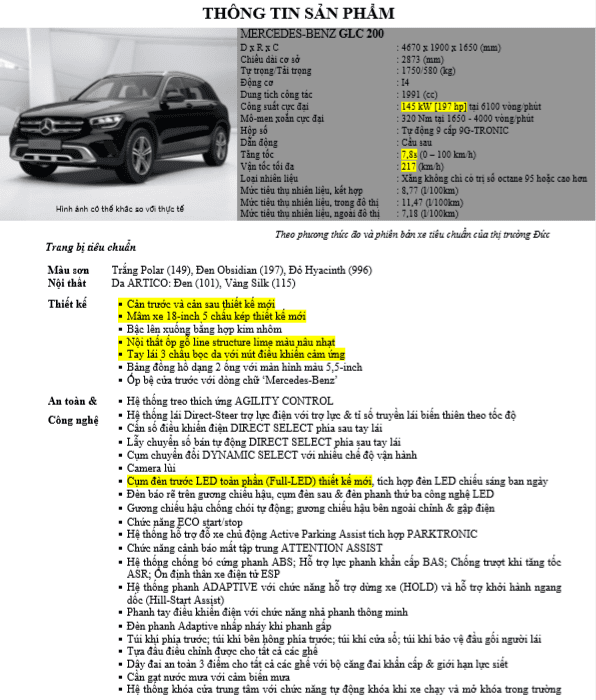 Thông tin sản phẩm Mercedes GLC 200