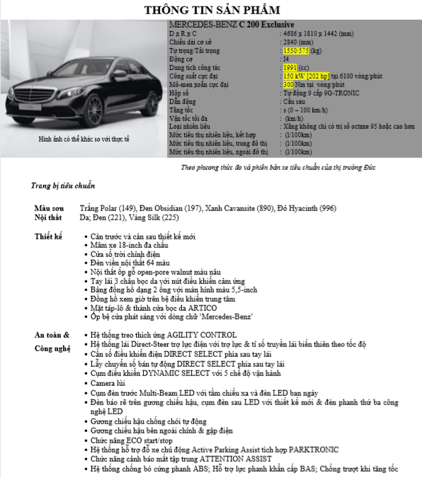 Thông tin sản phẩm Mercedes C200